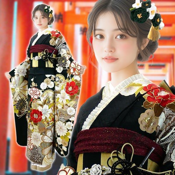 小梅　正絹お振袖10点フルセット　黒　東雲　新品未仕立て品　お仕立て付き 楽天市場】【成人式 振袖 レンタル】RS2180 正絹 総絞り 黒 熨斗に藤