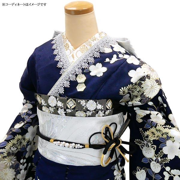 仕立て付き 正絹 振袖単品 f-421-t 古典柄 新品 紺 ネイビー 松 金駒