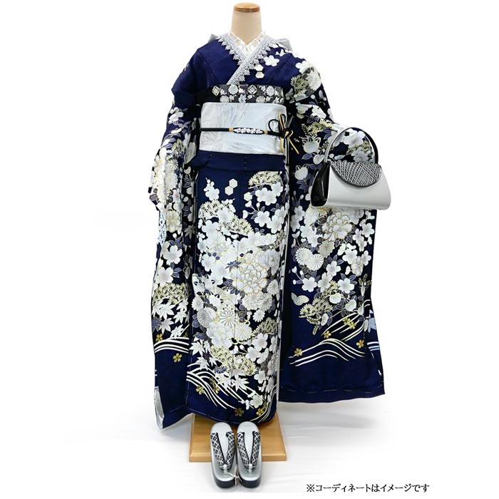 美品 振袖 フルセット 身丈155 正絹 刺繍衿 ネイビー 紺 振袖 フルセット 一式 仕立て付き 正絹 f-421 古典柄 新品 紺 ネイビー