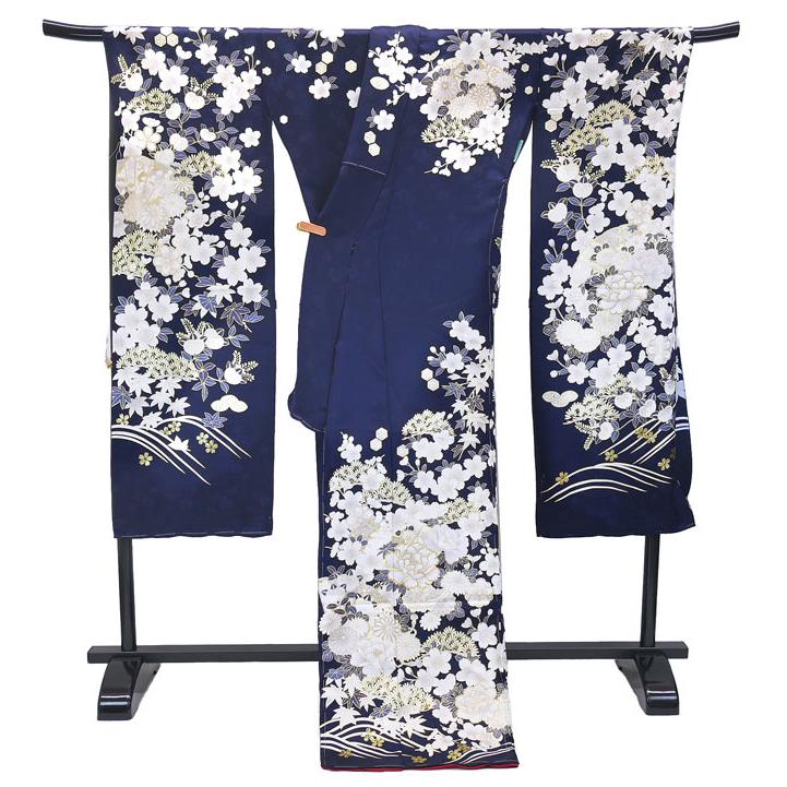 美品 振袖 フルセット 身丈155 正絹 刺繍衿 ネイビー 紺 仕立て付き 正絹 振袖単品 f-421-t 古典柄 新品 紺 ネイビー 松 金駒