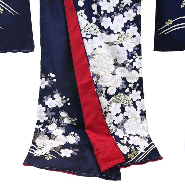 仕立て付き 正絹 振袖単品 f-421-t 古典柄 新品 紺 ネイビー 松 金駒