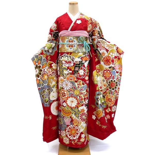 仕立て付き 正絹 振袖 フルセット32点 f-424 赤 菊 菊文様 レッド 一式