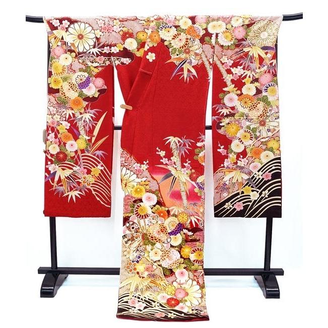 成人式　正絹振袖　丹後ちりめん 決算セール】仕立て付き 正絹振袖単品 f-441-t 赤 レッド 丹後ちりめん