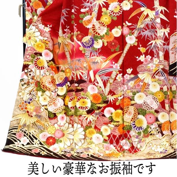 成人式　正絹振袖　丹後ちりめん 決算セール】仕立て付き 正絹振袖フルセット f-441 赤 レッド 丹後