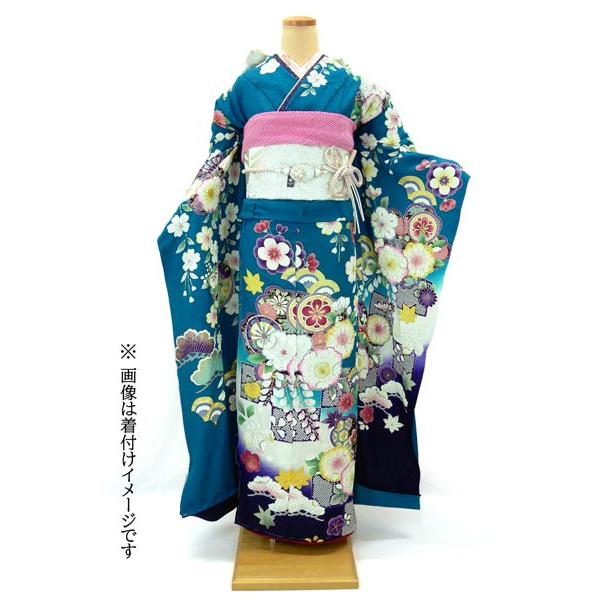振袖フルセット(7点)十日町友禅　落款あり 辻が花 金彩 銀通し 青緑　絞り正絹 セール 20%off 仕立付き 正絹 振袖単品 f-499-t 辻が花絞り ブルー