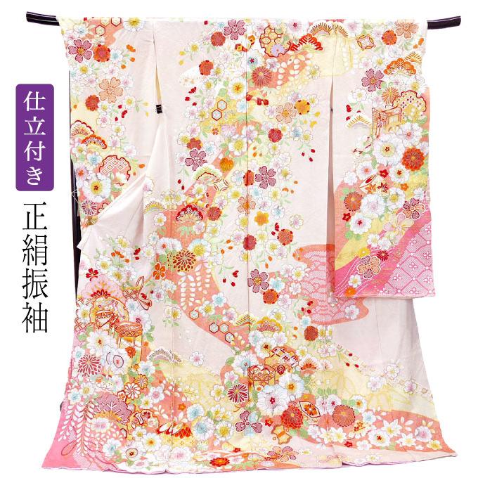 セール】仕立て付き 正絹 振袖単品 f-513-t 辻が花絞り 薄ピンク
