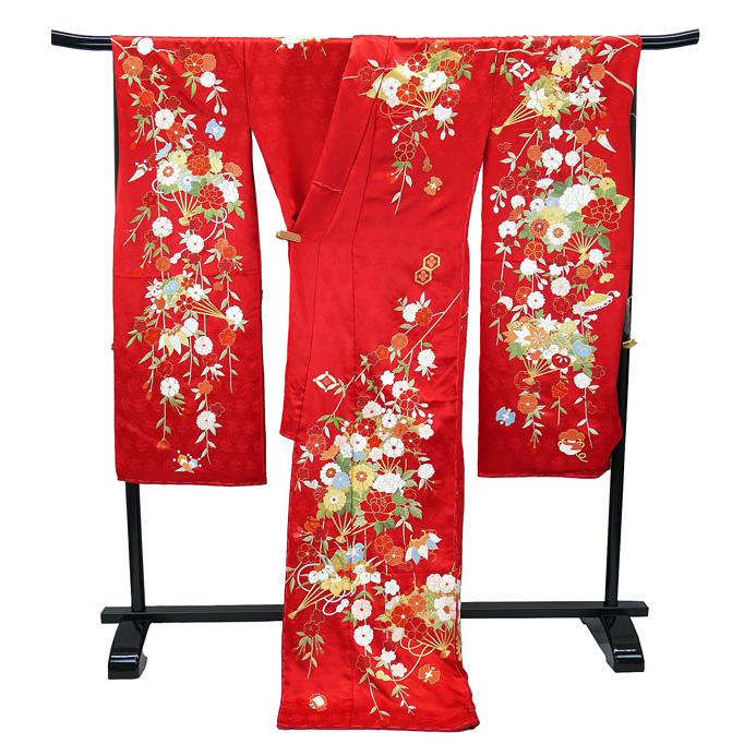 決算セール 特選品 手刺繍振袖 四季花文 赤色 f-541 尾峨佐染繍 古典柄
