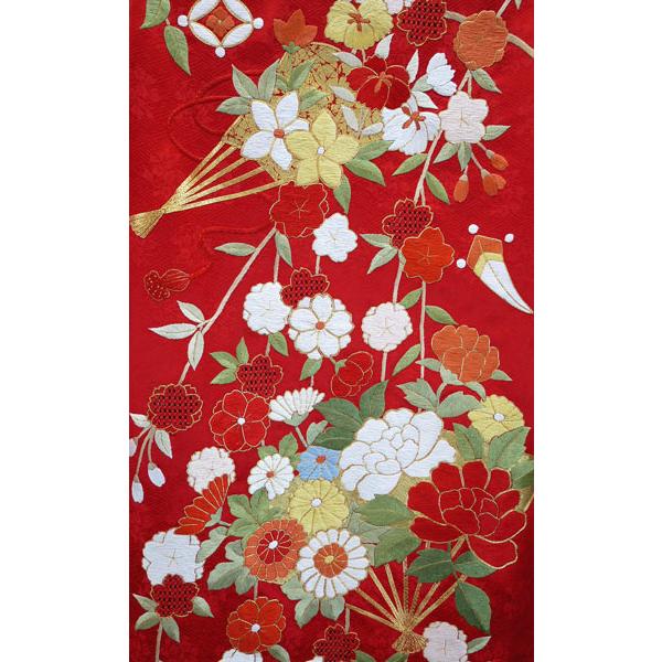 決算セール 特選品 手刺繍振袖 四季花文 赤色 f-541 尾峨佐染繍 古典柄