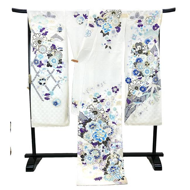 正絹 振袖一式 練習用　古典柄／水色×生成り／長襦袢美品付 仕立て付き 正絹振袖 フルセット32点 f-626 水色 ワントーンコーデ 絹