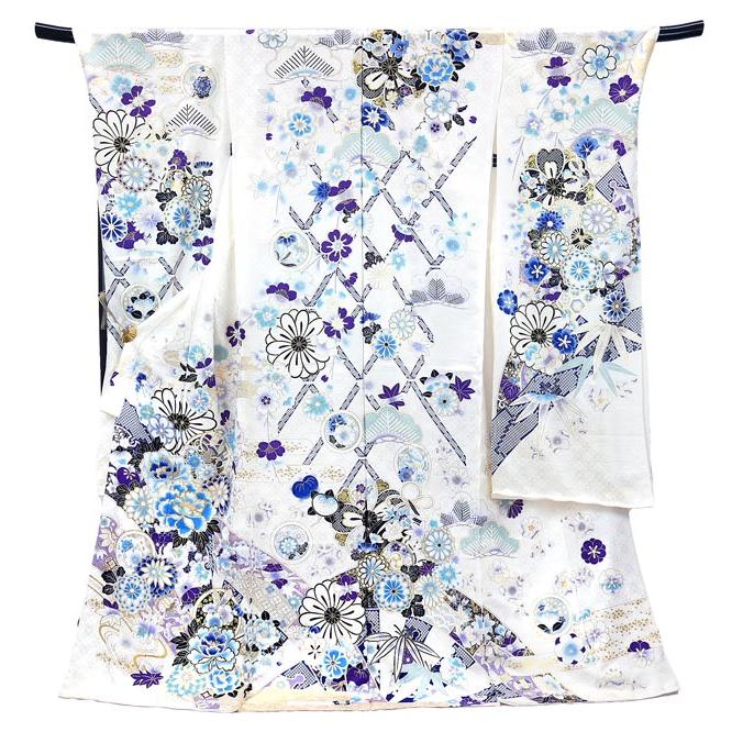 仕立て付き 正絹 振袖単品 f-582-t 古典柄 白 ホワイト 水色 青 ブルー