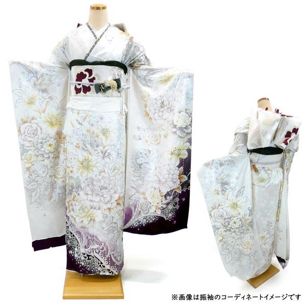 セール】仕立付き 正絹 振袖単品 銀彩 ホワイト 牡丹 f-627-t 絹100