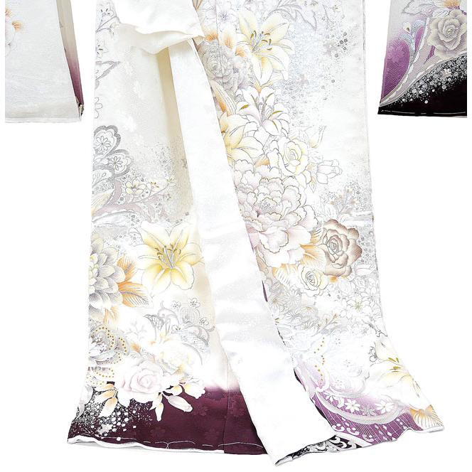 セール】仕立付き 正絹 振袖単品 銀彩 ホワイト 牡丹 f-627-t 絹100