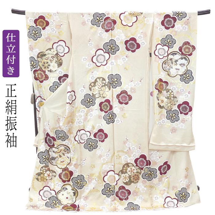 仕立付き 正絹 振袖 単品 金彩 ホワイト 桜 f-718-t 絹100% 成人