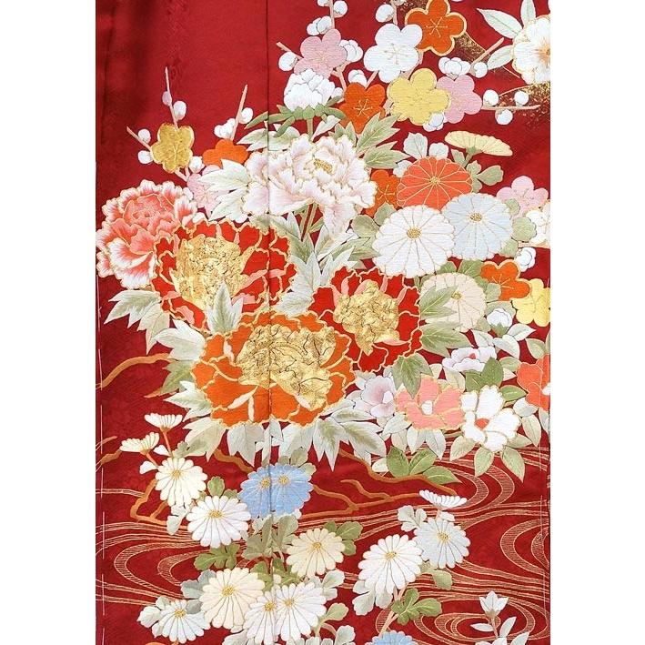 特選品 手刺繍振袖 仕立付き 四季花文 赤色 f-784 尾峨佐染繍 特選品 手刺繍振袖 仕立付き 四季花文 赤色 f-784 尾峨佐染繍