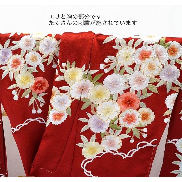 決算セール 特選品 手刺繍振袖 仕立付き 四季花文 赤色 f-784 尾峨佐染