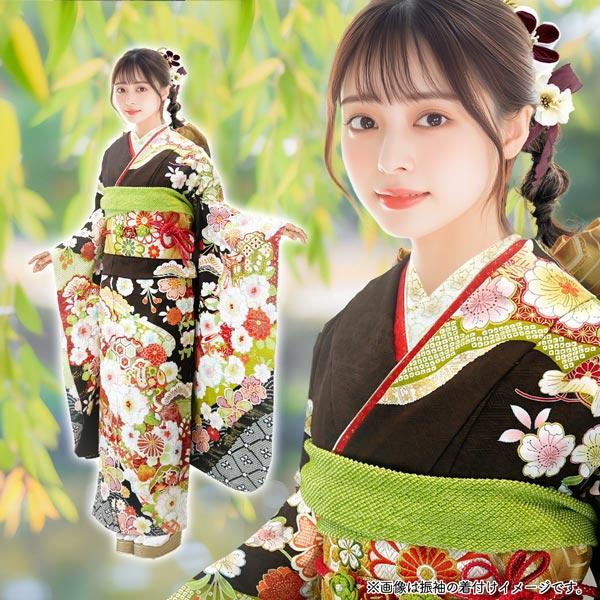 極上品 正絹 振袖 袋帯 2点セット 金彩 辻が花 藤に蝶 絞り 身丈156cm 仕立て付き 正絹 振袖フルセット32点 f-793 辻が花絞り こげ茶色 振袖