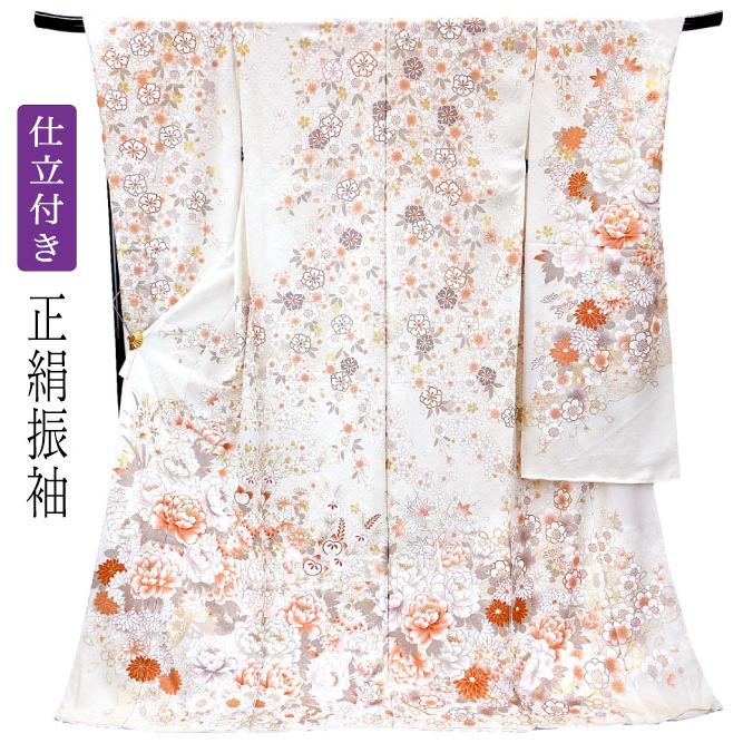 振袖 正絹 新品 着物単品 仕立て上がり NO29462 仕立て付き 正絹 振袖単品 f-012-t ワインレッド 菊 牡丹 刺繍入 新品