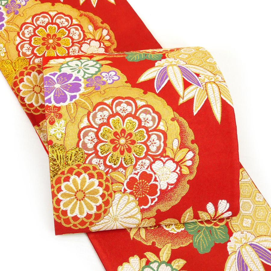 美品・袋帯】七宝繋ぎ×桜文様 金糸入り 錦織／朱赤 オレンジ系 