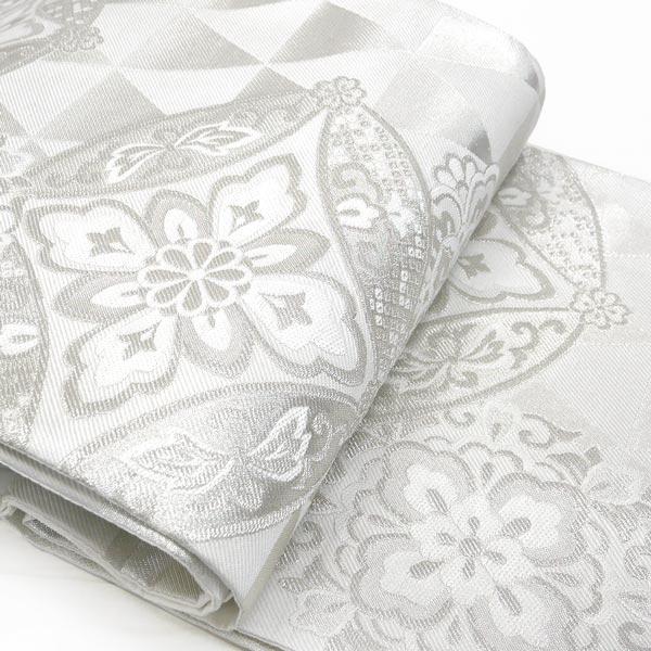 袋帯 ふくろ帯 仕立て付き 西陣織 六通 古典柄 ホワイト 白 シルバー  