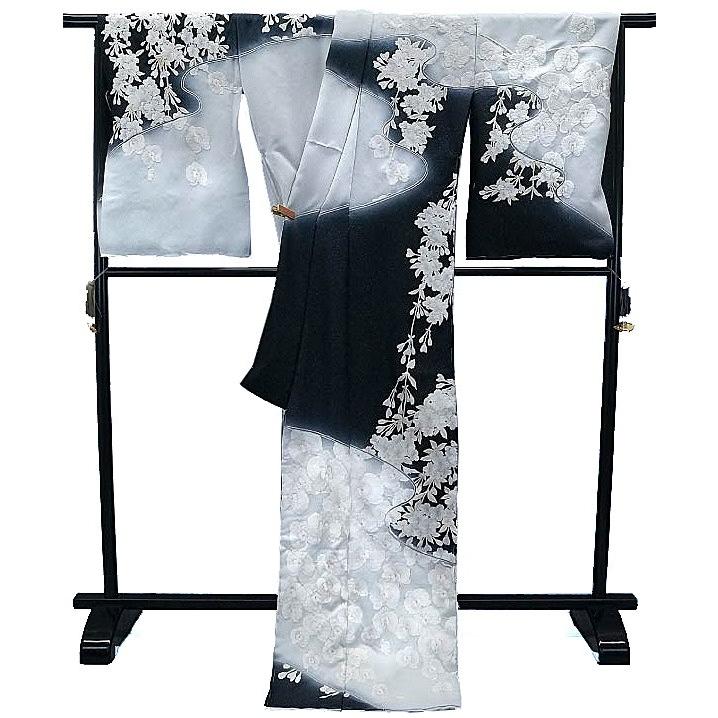 セール 胡蝶蘭 桜 極細手刺繍正絹訪問着 仕立て付き h-002 黒グレー