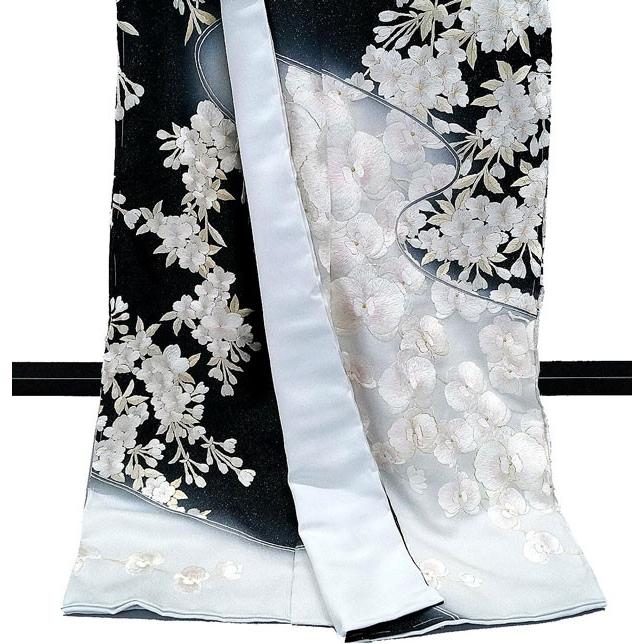 セール 胡蝶蘭 桜 極細手刺繍正絹訪問着 仕立て付き h-002 黒グレー