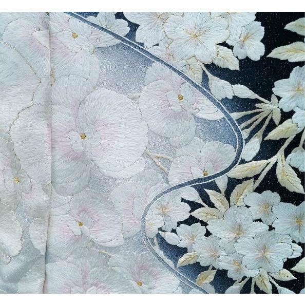 セール 胡蝶蘭 桜 極細手刺繍正絹訪問着 仕立て付き h-002 黒グレー