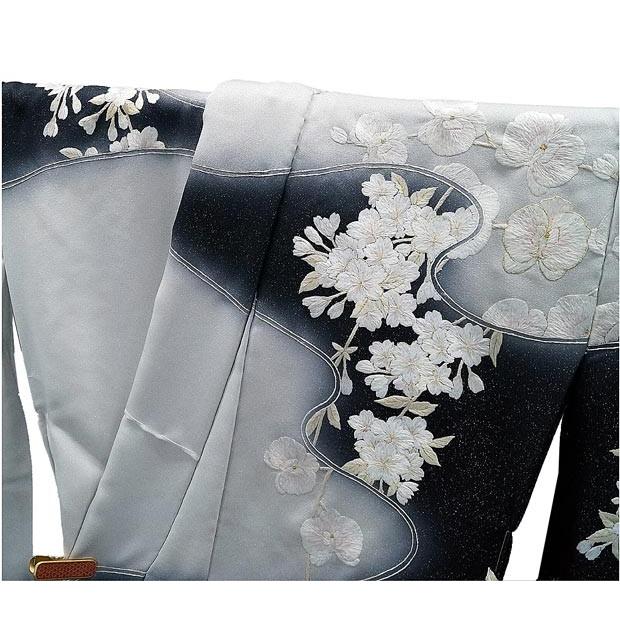 セール 胡蝶蘭 桜 極細手刺繍正絹訪問着 仕立て付き h-002 黒グレー