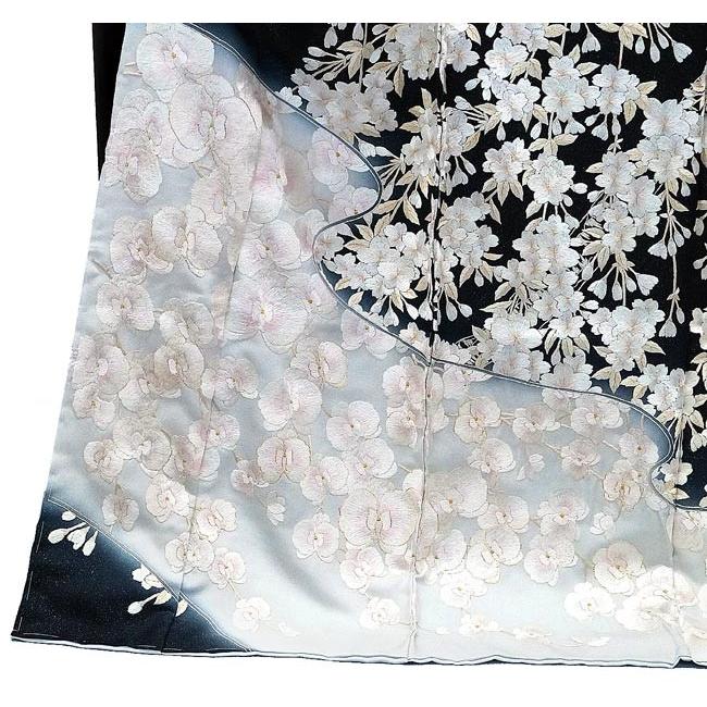 セール 胡蝶蘭 桜 極細手刺繍正絹訪問着 仕立て付き h-002 黒グレー