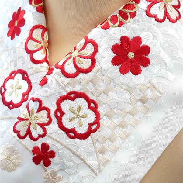 刺繍 半衿 he-007 白地 レッド ホワイト 市松模様 梅 桜 振袖 成人式