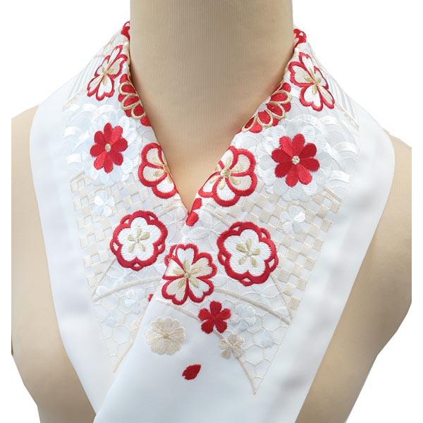 刺繍 半衿 he-007 白地 レッド ホワイト 市松模様 梅 桜 振袖 成人式