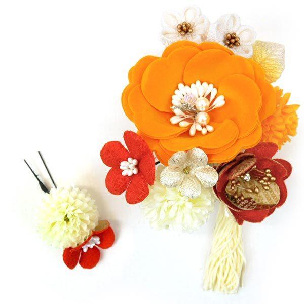 髪飾り 2点セット 花飾り 花かんざし kk-026 黄色 イエロー オレンジ