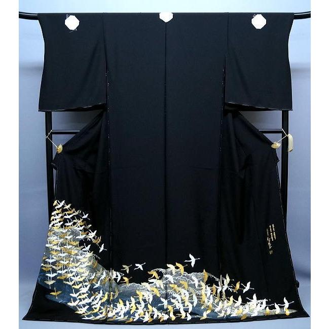 4895　黒留袖着物　単品　結婚式　金彩友禅　紋付　違いたかの羽 1198］黒留袖 道長鳳凰文 比翼付 五つ紋 金銀彩 正絹 着物 袷