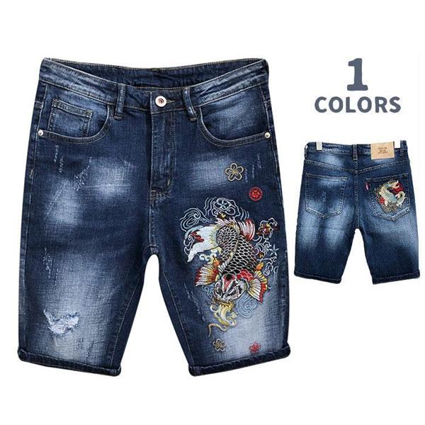 ハーフパンツ デニム メンズ デニムパンツ 刺繍 鯉 短パン ショートパンツ ダメージ 和柄 和風 ストレッチ ジーンズ スリム ストリート おしゃれ くらしを楽しむアイテム