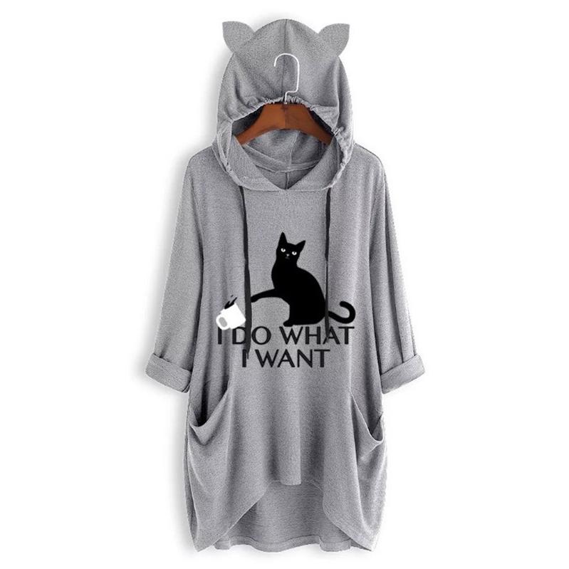経典 ロングパーカー レディース プルオーバー ゆったり ネコ 猫耳 スウェット 長袖 ポケット付き ロング丈 猫 プリント 可愛い 薄手 春物 キュート Simbcity Net