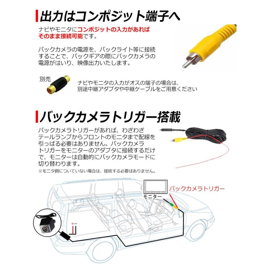 夜でも見える バックカメラ 防水 高画質 42万画素 CMD 広角レンズ 鏡像 正像 切り替え ガイドライン オンオフ 小型 12v A0119N 日本語 マニュアル 売れ筋｜kyplaza634s｜06