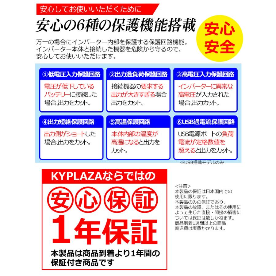 インバータ 12V 24V 選択 定格 1000W 最大 1600W コンパクト サイズ 電源インバーター USB電源 DC12V DC24V AC100V 自動車 船 電源 車 USB シガー 保証｜kyplaza634s｜08