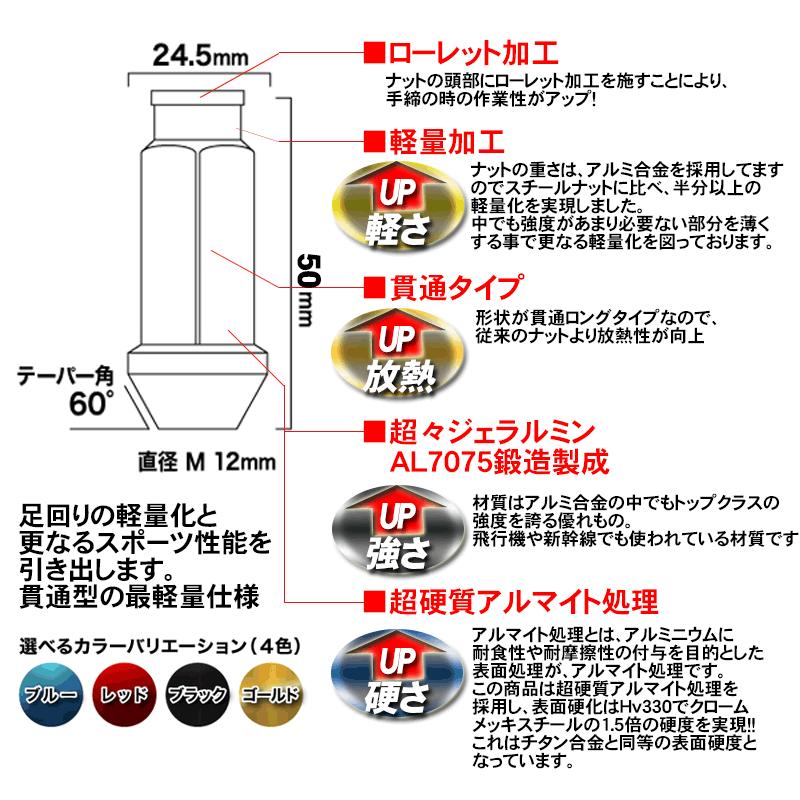 レーシングナット ホイールナット アルミ M12 × P1.5 ブラック 黒 貫通 ロング 50mm 鍛造7075 20個セット｜kyplaza634s｜02