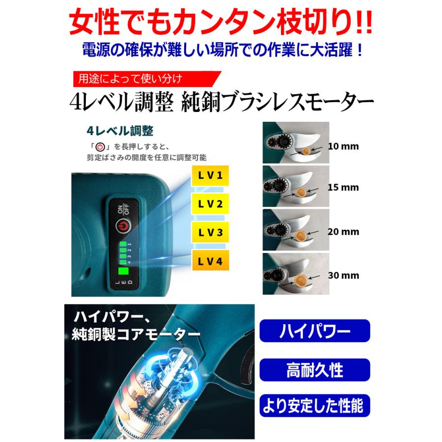 充電式 コードレス 剪定ばさみ makita マキタ ハイパワー 18V バッテリー リチウムイオン 対応 はさみ ハサミ 枝切り 互換品 電動剪定 太枝 切断径30mm｜kyplaza634s｜03