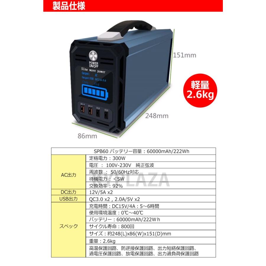 KYPLAZA ポータブル電源 純正弦波 大容量 60000mAh 222Wh 100V KYPLAZA ポータブル電源 純正弦波 大容量 60000mAh 222Wh 100V