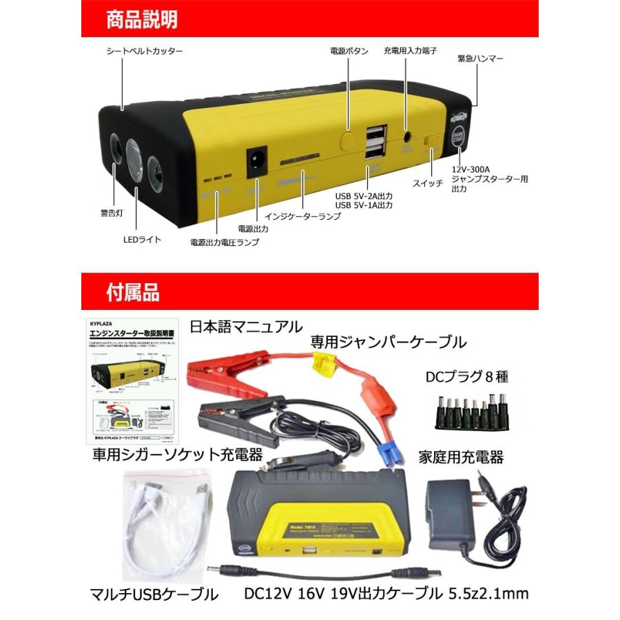 エンジンスターター 決定版 ジャンプスターター 16800mAh モバイル バッテリー上がり 充電 LEDライト 日本語 説明書 付属 1年保証｜kyplaza634s｜02