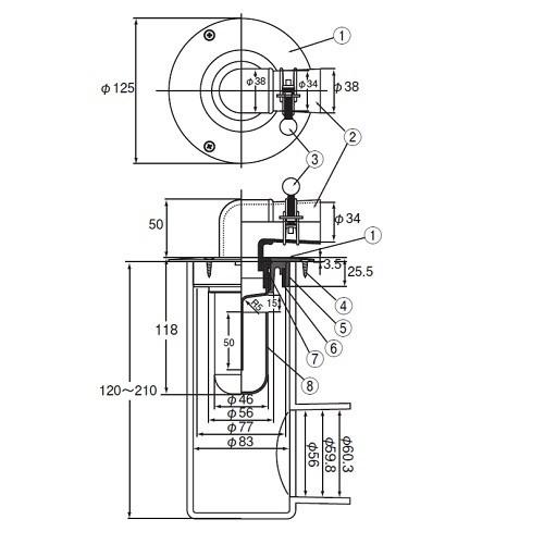 アウス スーパートラップ付洗濯機用床排水金具75VP・VU兼用(D-ZL付) DZL-STCB3-PU_2