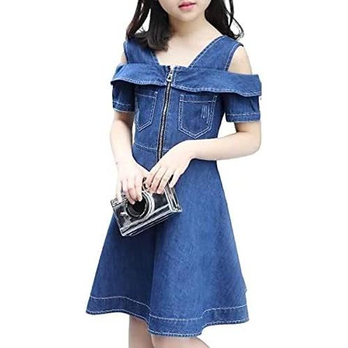超ポイント祭 期間限定 Yy Natuhi 子供服 女の子 デニムワンピース ドレス 肩出し スカート キッズ ガールズ 半袖 春夏秋 膝丈 ホワイト 150 Kids Nurie Com