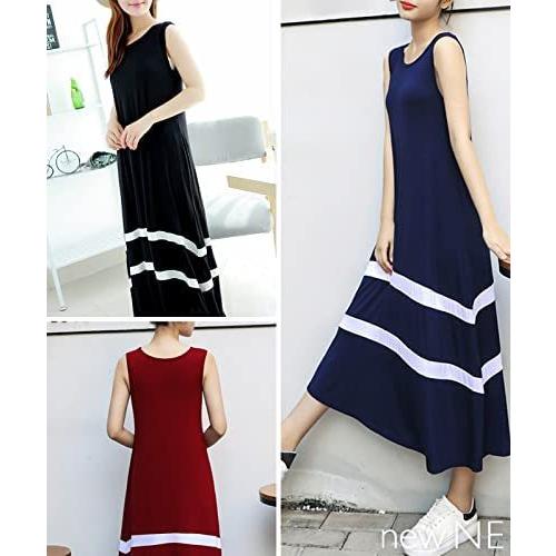 ニューネ ライン入り ワンピース ノースリーブ 夏 サマー ゆるワンピ リゾート 部屋着 レディース M Xl レッド M お1人様1点限り
