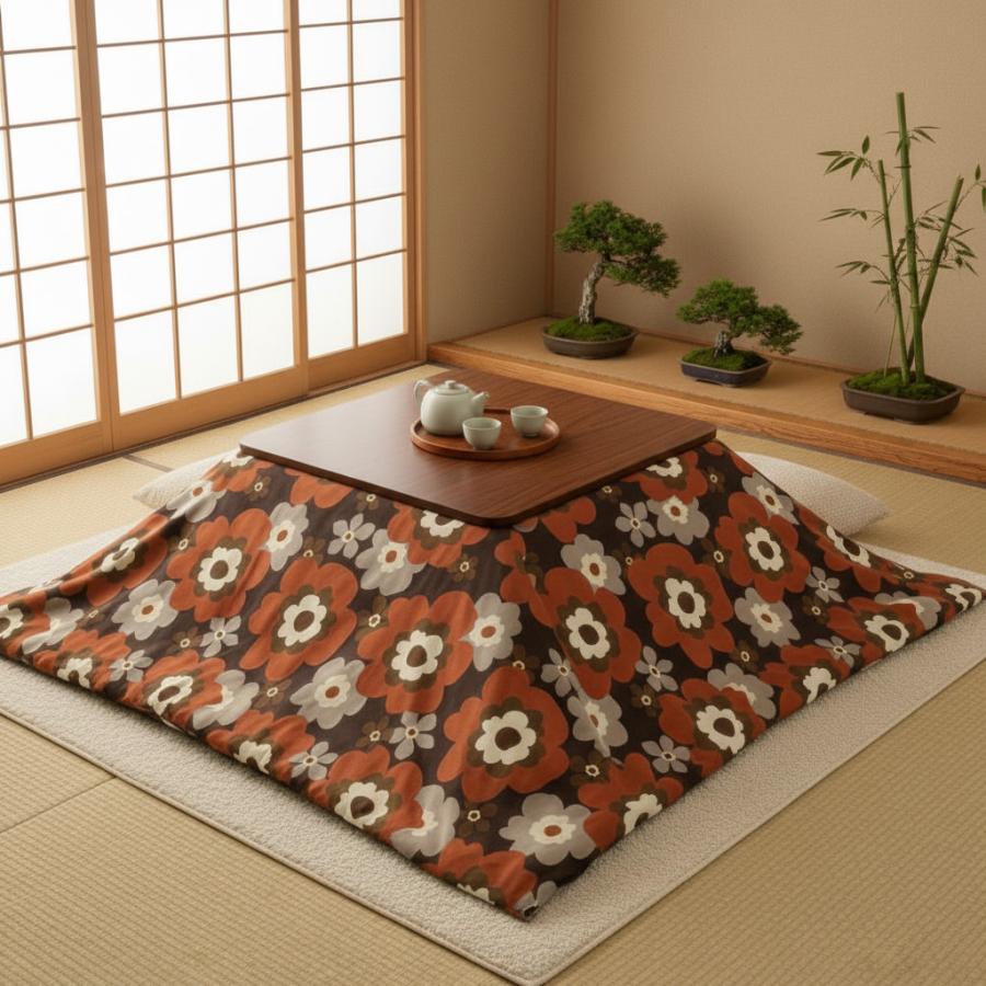 新品正方形こたつカバー【サンフラワー　ブラウン】200cm×200cm こたつ布団カバー サンフラワー ブラウン 北欧 茶 200×200cm 花柄