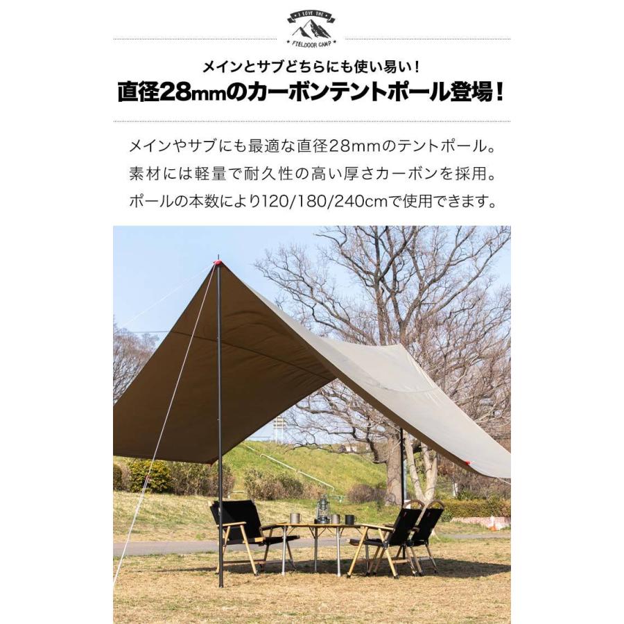 1年保証 カーボン製テントポール 2本セット 軽量1本500g 直径28mm 4本連結 高さ120cm 180cm 240cm 簡単 ポール  コンパクト タープ キャンプ FIELDOOR 送料無料