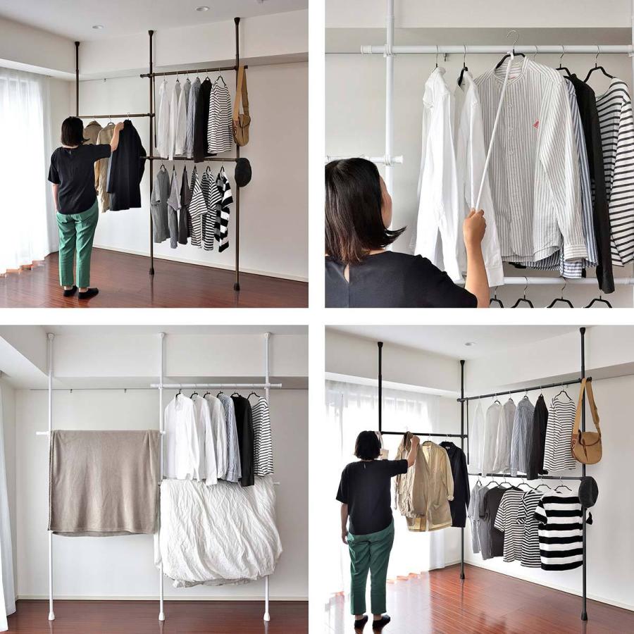 1年保証 突っ張り ハンガーラック 伸縮 L字 ワイド 2段 大容量 最大幅