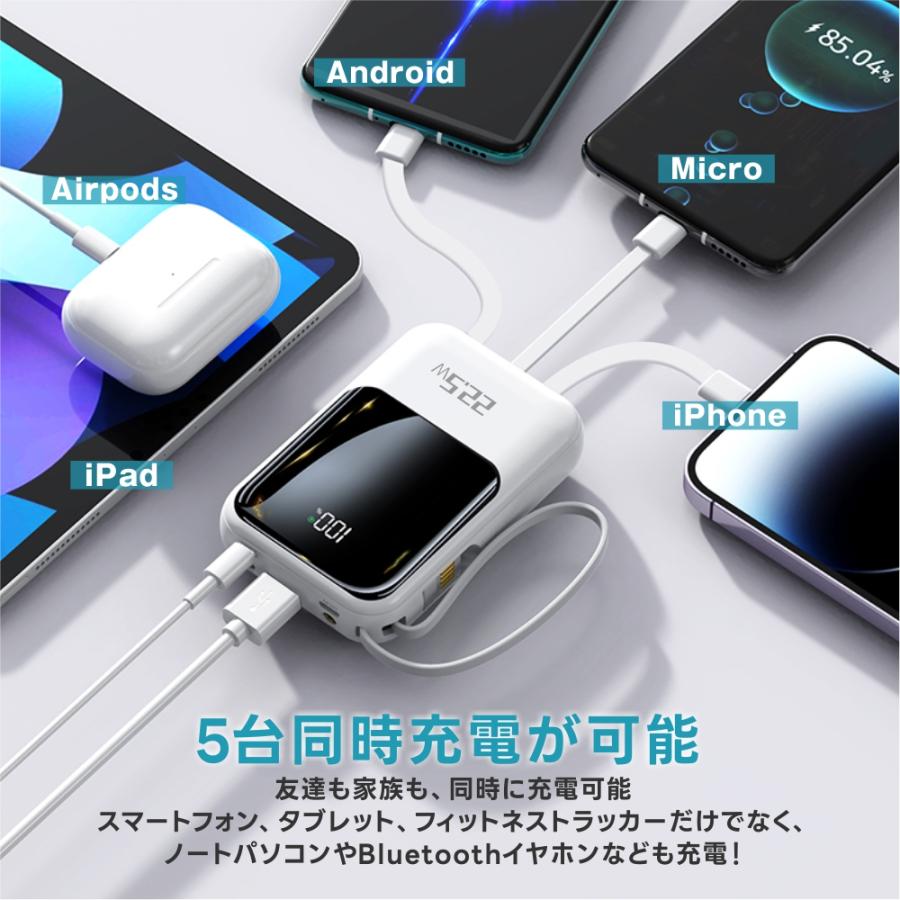 モバイルバッテリー 【20000mAh大容量】 4台同時充電 ケーブル内蔵