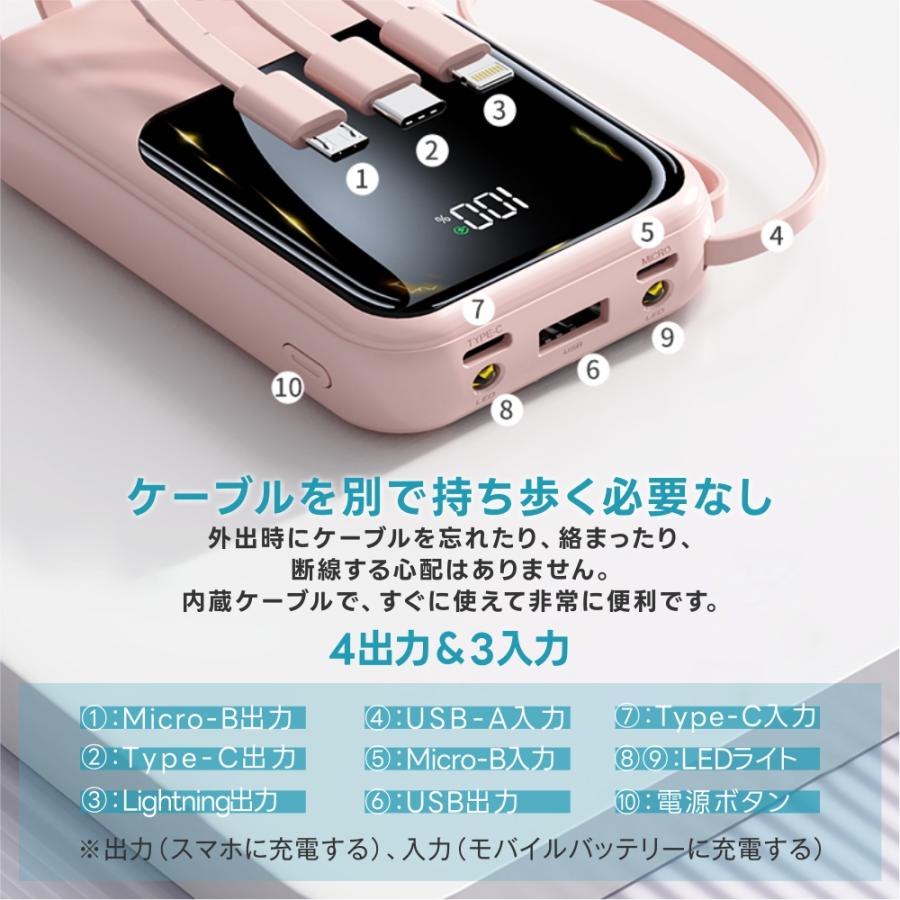 モバイルバッテリー 【20000mAh大容量】 4台同時充電 ケーブル内蔵