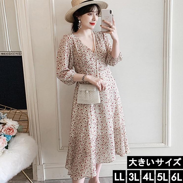 大きいサイズ レディース 小花柄ワンピース シフォンワンピ カシュクール 五分袖 Ll 3l 4l 5l 6l ベージュ 19年 夏 新入荷 ネコポス可 大きいサイズの服レディース Queen 通販 Yahoo ショッピング