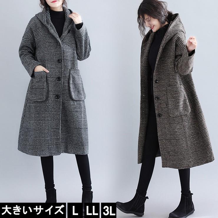 大きいサイズ レディース フードコート フード付きコート ロングコート アウター L 2l 3l 4l 5l 6l グレンチェック柄 秋冬 2 大きいサイズの服レディース Queen 通販 Yahoo ショッピング